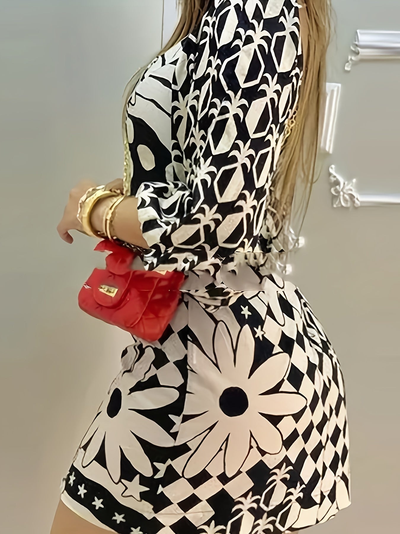 Elegant Women's Geometric Pattern Dress - Chic Square Neck, Half Sleeve, Bodycon Mini in Black & White - Polyester, Non-Stretch, Machine Washable for Spring/Summer/Fall Fashion